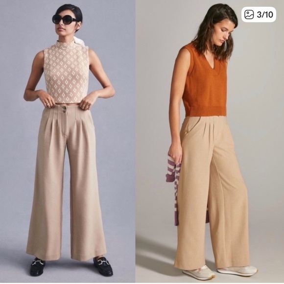 Anthropologie Maeve Tan Wide-Leg Pants Pin Tucked Sz 10 Tan
